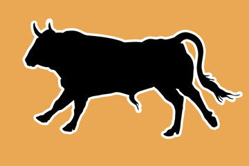 black silhouette of a running bull on an orange background for stickers and decoration