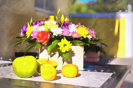 Beautiful scene with flowers and fruits on the table