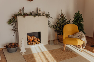 Stylized modern holiday decor in Scandinavian style in the sunlight at sunrise