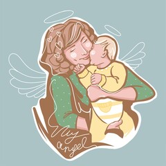 Beautiful young woman mom and her adorable little baby in her arms. They play, hug, and smile. Vector illustration in the form of vtiger mother s Day.