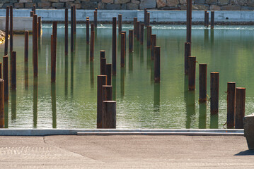 Wooden poles in the water to be bases for boathouses..