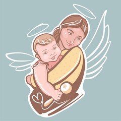 Beautiful young woman mom and her adorable little baby in her arms. They play, hug, and smile. Vector illustration in the form of vtiger mother s Day.