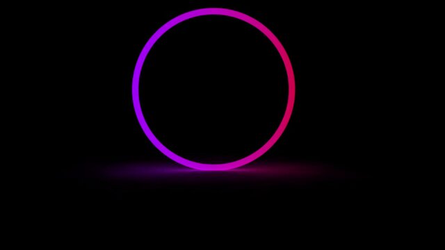 Neon light colorful circle rotating loop on black background