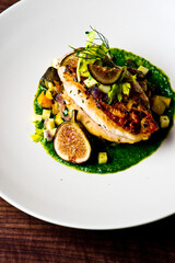 Chicken breast, pan seared to a crispy golden brown in brown butter and served with farm fresh organic vegetables: carrots, Brussels sprouts and green beans. Classic American restaurant favorite.