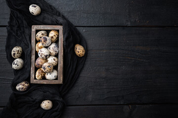Obraz na płótnie Canvas Quail eggs, flat lay, on black wooden background with space for text