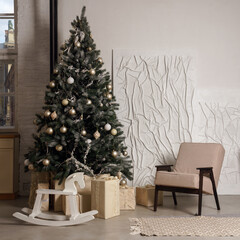 Decorated Christmas tree with gifts and rocking horse and armchair