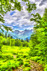 Scenery mountain landscape at Caucasus mountains colorful painting.