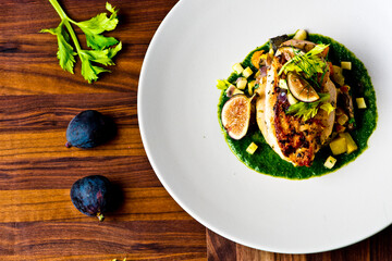 Chicken breast, pan seared to a crispy golden brown in brown butter and served with farm fresh organic vegetables: carrots, Brussels sprouts and green beans. Classic American restaurant favorite.