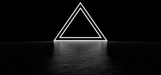 Glowing pyramid in dark space. Glowing stripes form a pyramid. Two glowing triangular frames in the shape of a pyramid. 3D Render