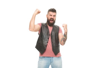 Extremely satisfied. Barbershop and beard grooming. Styling beard and moustache. Fashion trend beard grooming. Guy expressing success. Hipster with beard brutal guy. Product recommendation concept