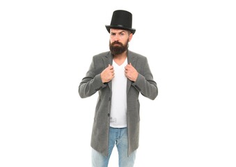 Circus worker. Hocus pocus. Man bearded guy magician. Magic trick performance concept. Circus magic trick performance. Entertainment and theatre. I will show you real magic. Street performance