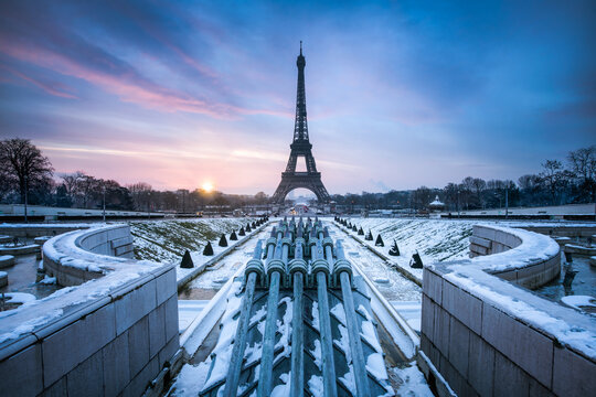 Eiffel Tower in winter during sunrise, Paris, France