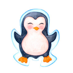 A cute penguin makes a snow angel. Watercolor illustration isolated on white background. Cartoon style. For the design of postcards, posters and children's decor.