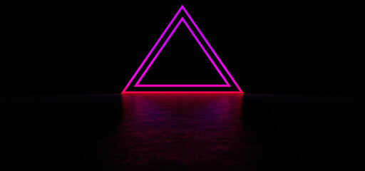 A glowing pyramid of purple in dark space. Glowing stripes form a pyramid. Two glowing triangular frames of purple color in the shape of a pyramid. 3D Render