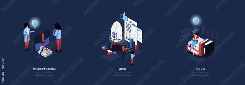 Poster conceptual vector illustration of business ideas. isometric caomposition in cartoon 3d style of thre