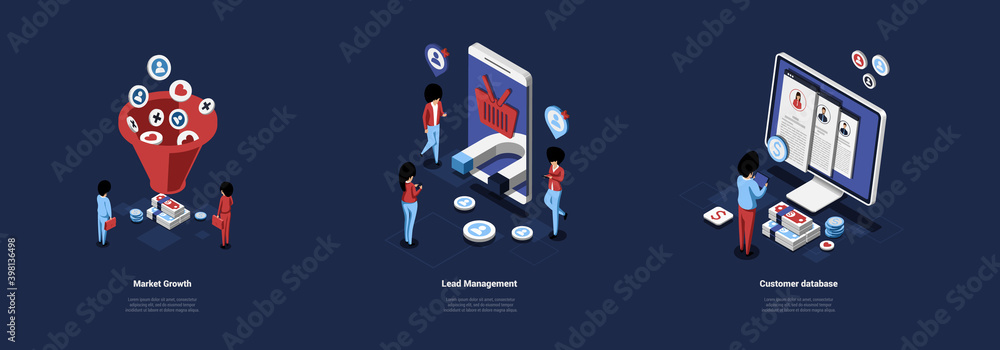 Aufkleber vector illustration of three isometric compositions on commerce concepts market growth, lead managem