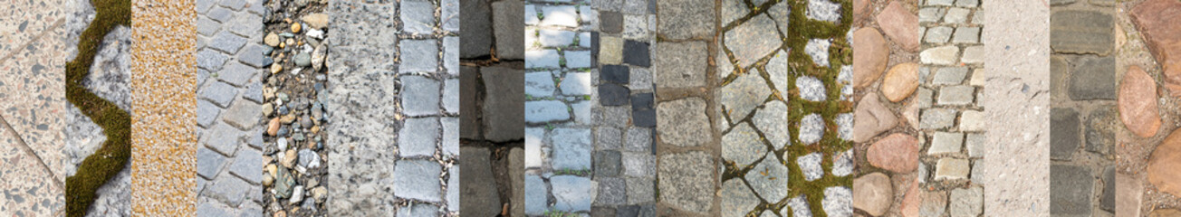 Old Stone Pavement Texture Collage, Various Granite Cobblestone
