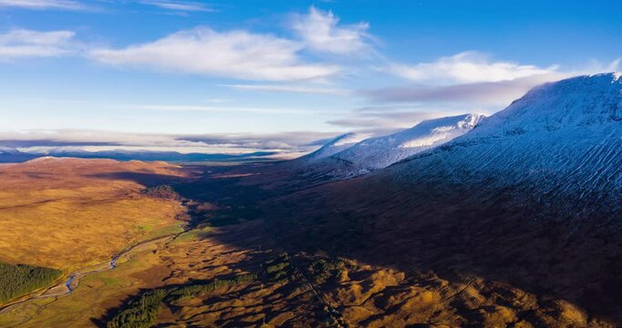 aerial drone view of the loch tulla and bridge of orchy area in the argyll region of the highlands of scotland during autumn on a clear bright day showing calm waters on the inland loch