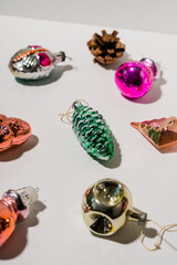 Retro style USSR christmas tree baubles on white background with shadows. mid century style