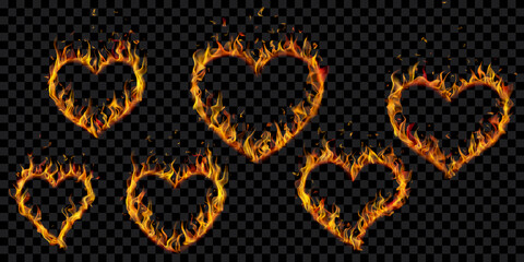 Set of translucent fire flames in the shape of a heart on transparent background. For used on dark illustrations. Transparency only in vector format © Olga Moonlight