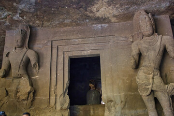 Mumbai, India - October 23, 2018: Interior of a Hindu God sculpture of Elephanta cave, late Gupta...