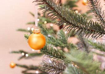 Christmas tree pine place for lettering christmas background New Year's still life, Christmas tree toys. against the background of a decorated Christmas tree and boxes with gifts