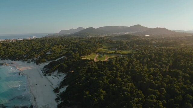 Aerial drone shot in Cala Agulla. Beach in Mallorca, Balearic Island