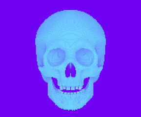 pixilated or blocky skull on violet bakground, 3d render