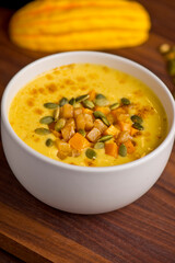Butternut Squash Soup. Classic American Restaurant or Diner favorite. Homemade soup with chicken broth, noodles celery carrots seasoned with salt and pepper and garnished with Italian parsley. 