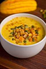 Butternut Squash Soup. Classic American Restaurant or Diner favorite. Homemade soup with chicken broth, noodles celery carrots seasoned with salt and pepper and garnished with Italian parsley. 