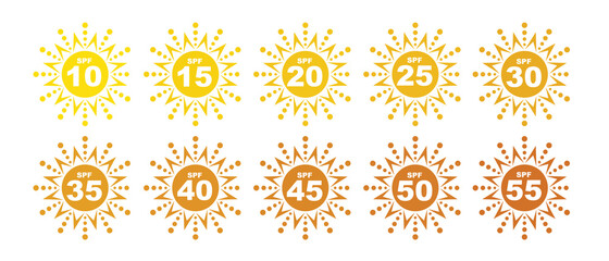 Set of SPF Protection Icons with Suns UV Block Symbols