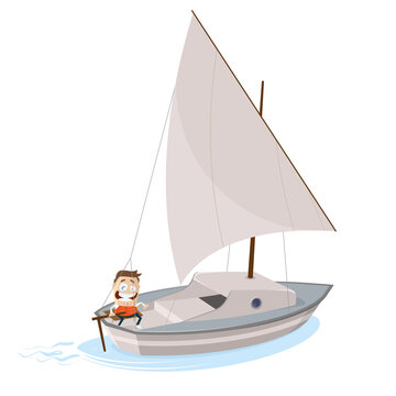 funny cartoon illustration of a man with sailboat