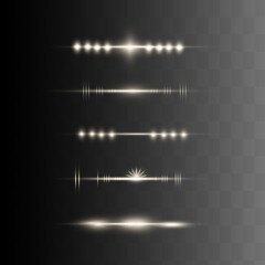 White horizontal lens flares pack. Laser beams, horizontal light rays.Beautiful light flares. Glowing streaks on dark background.