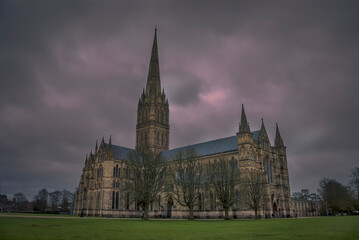 Dark clouds over Salisbury Cathedral in Wiltshire, UK