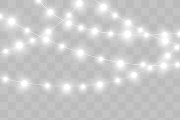 Christmas lights isolated realistic design elements. Glowing lights for Xmas Holiday cards, banners, posters, web design. Garlands decorations. Led neon lamp
