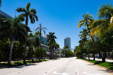 Miami Beach, Florida, USA - May, 2020: Street buildings on Miami, road.