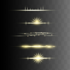 yellow horizontal lens flares pack. Laser beams, horizontal light rays.Beautiful light flares. Glowing streaks on dark background. Luminous abstract sparkling lined background.