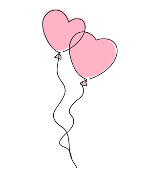 Couple of Hearts shaped balloon. Continuous drawing line art style. Simple minimal sketch flat design. Symbol of love logo vector illustration