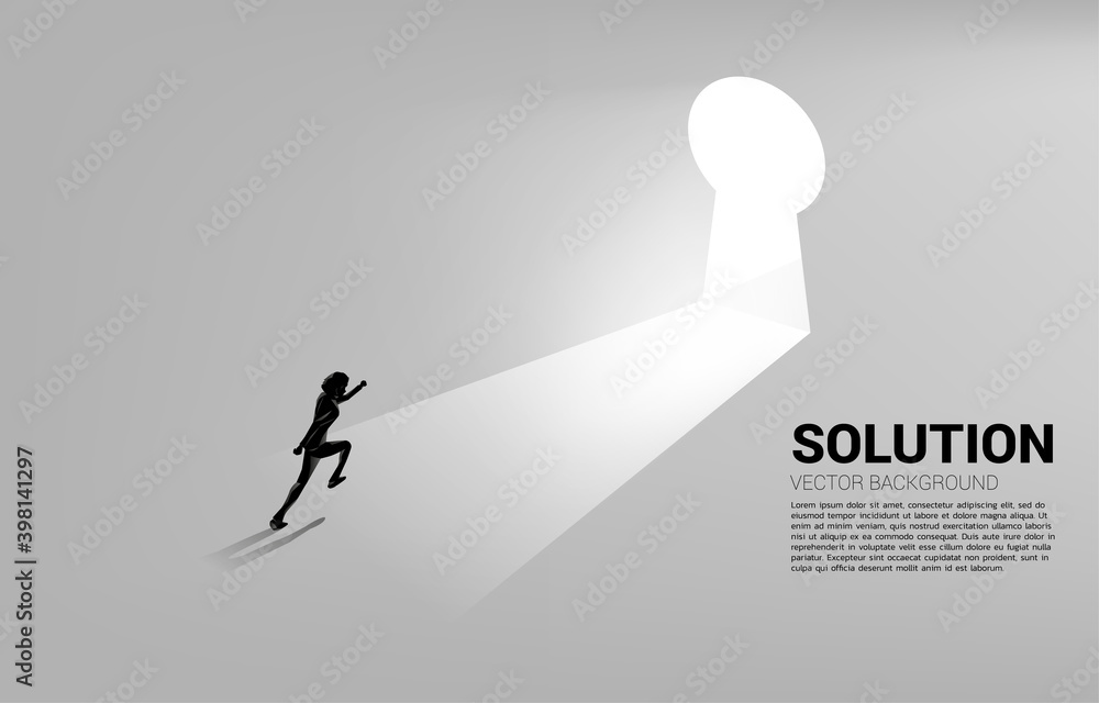 Poster silhouette of businessman running to move out to key hole door. find the solution concept vision mis