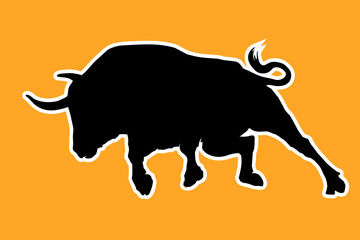 black silhouette of a running bull on an orange background for stickers and decoration