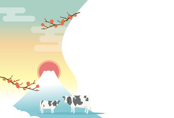 初日の出と富士山と牛の親子