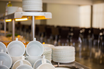 Served crockery ready for use close up view.