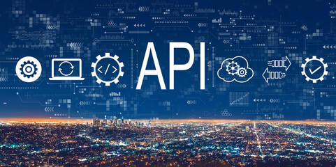 API - application programming interface concept with downtown Los Angeles at night