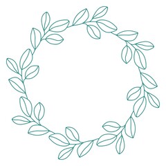 Fototapeta na wymiar Beautiful green wreath of intertwined leaves on a white background. Vector outline illustration of olive leaf frame with place for text. Isolated object for invitation, greeting cards, textiles.