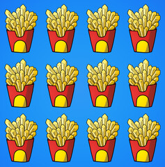 french fries texture fast food red paper bag blue background 