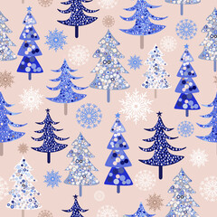 Seamless New Years pattern. Abstract Christmas trees and snowflakes. Print on fabric and wrapping paper. 2021