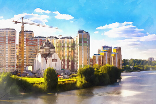 Modern cityscape with orthodox church under construction