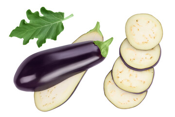 Eggplant or aubergine with slices isolated on white background. Top view, flat lay