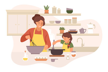 Happy mother and daughter cooking in cozy bright modern kitchen. Vector flat illustration isolated on white background with woman spending time with child, talking, laughing and eating healthy meal