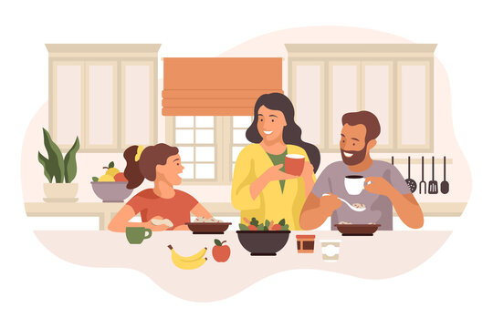 Happy family having breakfast in cozy bright modern kitchen. Vector flat illustration isolated on white background with parents who spend time with child, talking, laughing and eating healthy meal